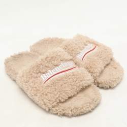 Balenciaga Beige Faux Fur Fury Slide Sandals Size 37
