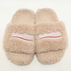 Balenciaga Beige Faux Fur Fury Slide Sandals Size 37