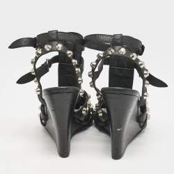 Balenciaga Black Leather Arena Studded Strappy Wedge Sandals Size 38