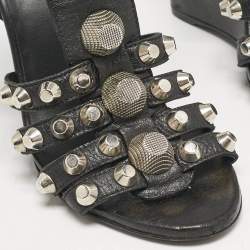 Balenciaga Black Leather Arena Studded Strappy Wedge Sandals Size 38