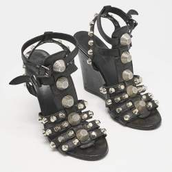 Balenciaga Black Leather Arena Studded Strappy Wedge Sandals Size 38