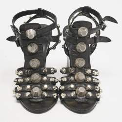Balenciaga Black Leather Arena Studded Strappy Wedge Sandals Size 38
