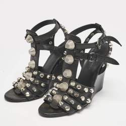 Balenciaga Black Leather Arena Studded Strappy Wedge Sandals Size 38