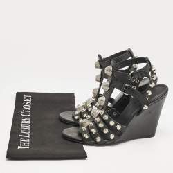 Balenciaga Black Leather Arena Studded Strappy Wedge Sandals Size 38