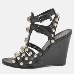Balenciaga Black Leather Arena Studded Strappy Wedge Sandals Size 38