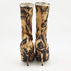 Balenciaga Brown/Black Animal Print Stretch Fabric Knife Ankle Length Boots Size 37