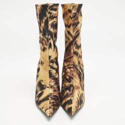 Balenciaga Brown/Black Animal Print Stretch Fabric Knife Ankle Length Boots Size 37