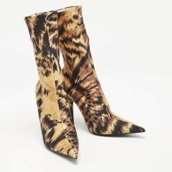 Balenciaga Brown/Black Animal Print Stretch Fabric Knife Ankle Length Boots Size 37