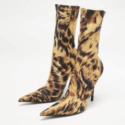 Balenciaga Brown/Black Animal Print Stretch Fabric Knife Ankle Length Boots Size 37