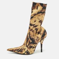 Balenciaga Brown/Black Animal Print Stretch Fabric Knife Ankle Length Boots Size 37