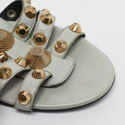Balenciaga Grey Leather Studded Ankle Strap Flat Sandals Size 37