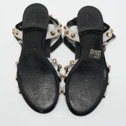 Balenciaga Grey Leather Studded Ankle Strap Flat Sandals Size 37