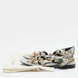Balenciaga Grey Leather Studded Ankle Strap Flat Sandals Size 37