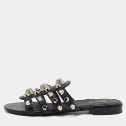 Balenciaga Black Studded Leather Arena Strappy Flat Slides Size 36.5
