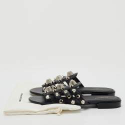 Balenciaga Black Studded Leather Arena Strappy Flat Slides Size 36.5