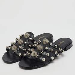 Balenciaga Black Studded Leather Arena Strappy Flat Slides Size 36.5