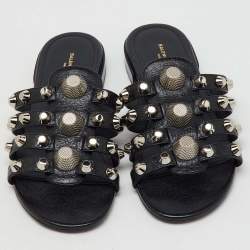 Balenciaga Black Studded Leather Arena Strappy Flat Slides Size 36.5