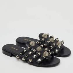 Balenciaga Black Studded Leather Arena Strappy Flat Slides Size 36.5