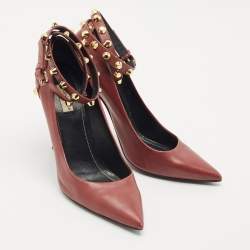Balenciaga Burgundy Leather Studded Pointed Toe Ankle Wrap Pumps Size 40
