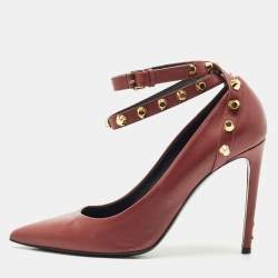 Balenciaga Burgundy Leather Studded Pointed Toe Ankle Wrap Pumps Size 40