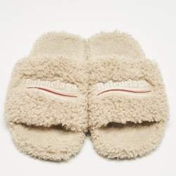 Balenciaga Beige Shearling Fur Furry Slide Sandals Size 39