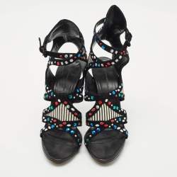 Balenciaga Multicolor Suede and Leather Cutout Ankle Wrap Sandals Size 40