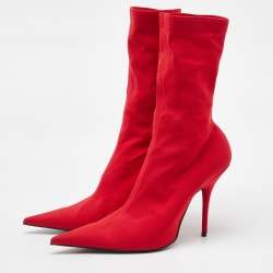 Balenciaga Red Stretch Fabric Knife Pointed Toe Sock Mid Calf Boots Size 39
