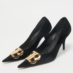 Pre Owned Balenciaga Black Velvet BB Pointed Toe Pumps Size 38