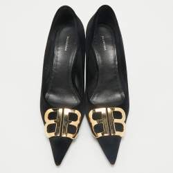 Pre Owned Balenciaga Black Velvet BB Pointed Toe Pumps Size 38
