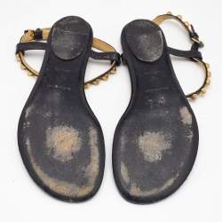 Pre Owned Balenciaga Black Leather Arena Studded Thong Flat Sandals Size 40.5