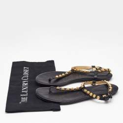 Pre Owned Balenciaga Black Leather Arena Studded Thong Flat Sandals Size 40.5