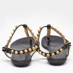 Pre Owned Balenciaga Black Leather Arena Studded Thong Flat Sandals Size 40.5