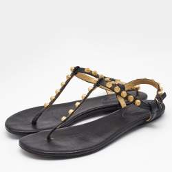 Pre Owned Balenciaga Black Leather Arena Studded Thong Flat Sandals Size 40.5