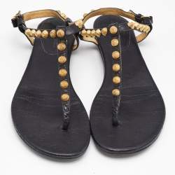 Pre Owned Balenciaga Black Leather Arena Studded Thong Flat Sandals Size 40.5
