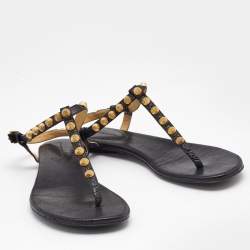 Pre Owned Balenciaga Black Leather Arena Studded Thong Flat Sandals Size 40.5