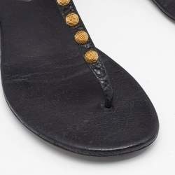 Pre Owned Balenciaga Black Leather Arena Studded Thong Flat Sandals Size 40.5