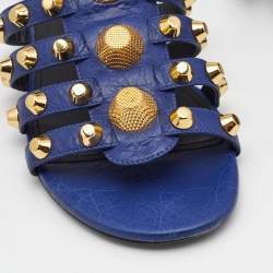 Pre Owned Balenciaga Blue Leather Arena Flat Slides Size 38