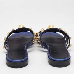 Pre Owned Balenciaga Blue Leather Arena Flat Slides Size 38
