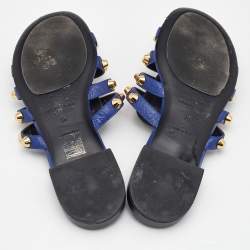 Pre Owned Balenciaga Blue Leather Arena Flat Slides Size 38