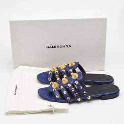 Pre Owned Balenciaga Blue Leather Arena Flat Slides Size 38