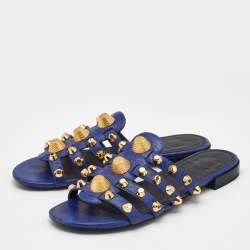 Pre Owned Balenciaga Blue Leather Arena Flat Slides Size 38