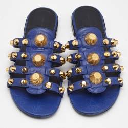Pre Owned Balenciaga Blue Leather Arena Flat Slides Size 38
