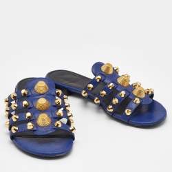 Pre Owned Balenciaga Blue Leather Arena Flat Slides Size 38