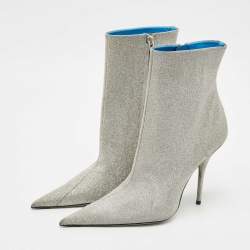 Pre Owned Balenciaga Silver Glitter Knife Pointed Toe Mid Calf Length Boots Size 39