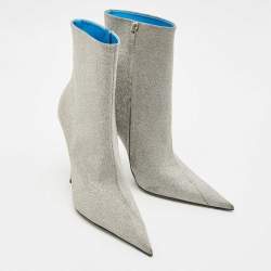 Pre Owned Balenciaga Silver Glitter Knife Pointed Toe Mid Calf Length Boots Size 39