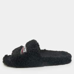 Balenciaga Black Faux Shearling Fur Furry Slide Sandals Size 42
