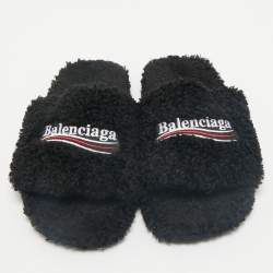 Balenciaga Black Faux Shearling Fur Furry Slide Sandals Size 42