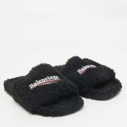 Balenciaga Black Faux Shearling Fur Furry Slide Sandals Size 42