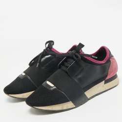 Pre Owned Balenciaga Black Leather and Mesh Race Runner Sneakers Size 38