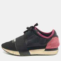 Pre Owned Balenciaga Black Leather and Mesh Race Runner Sneakers Size 38
